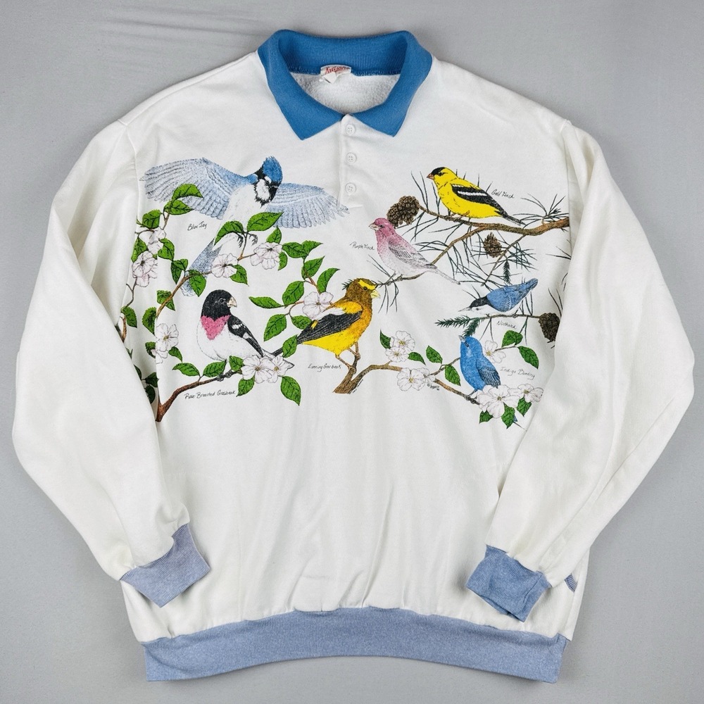 Vintage 80s Bird Nature Wrap Around Sweatshirt Polo USA Made XL
